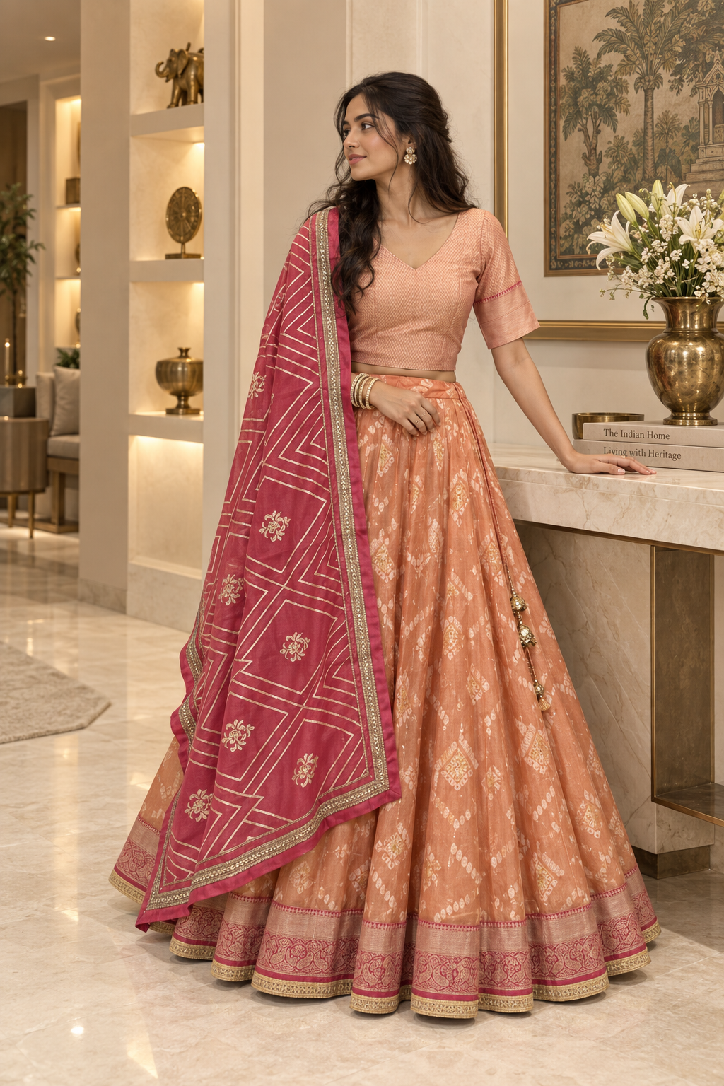 Peach Benaras Brocade Lehenga Set
