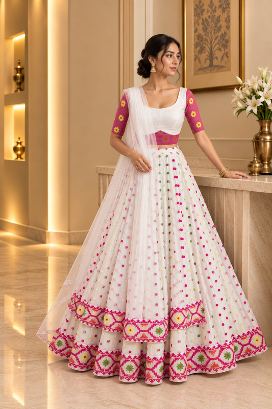 White Jamdani colourful Lehenga Set