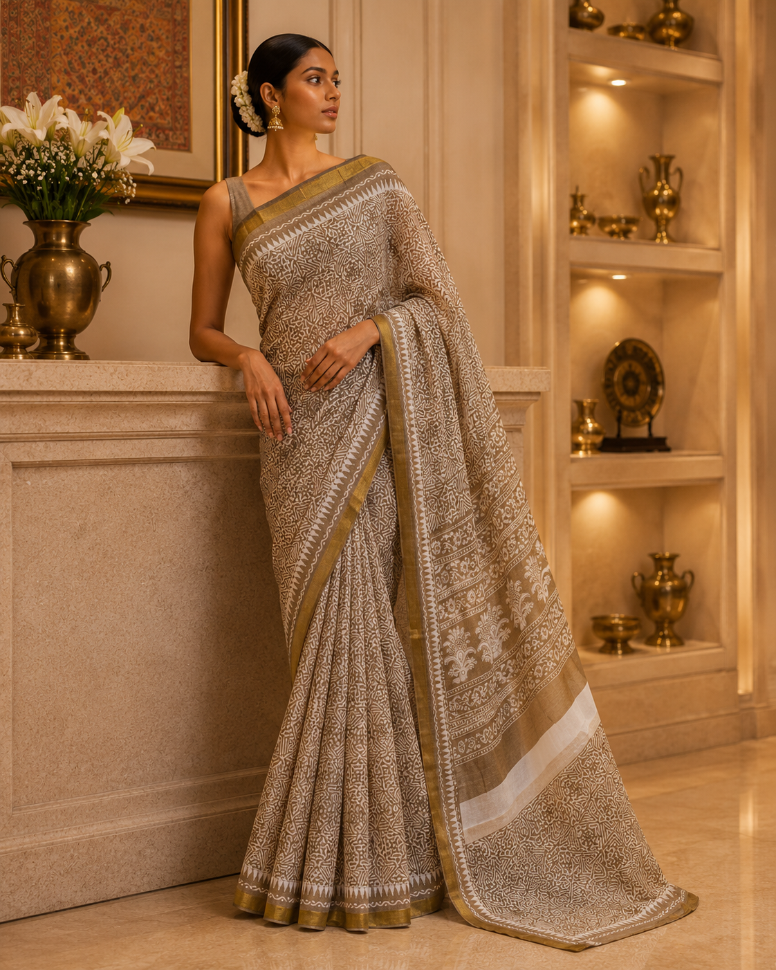 Brown Cotton Kota Doria Saree
