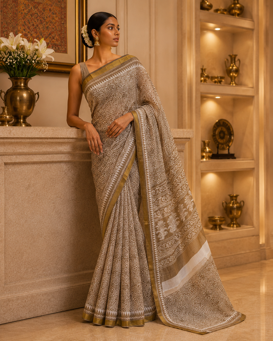 Brown Cotton Kota Doria Saree