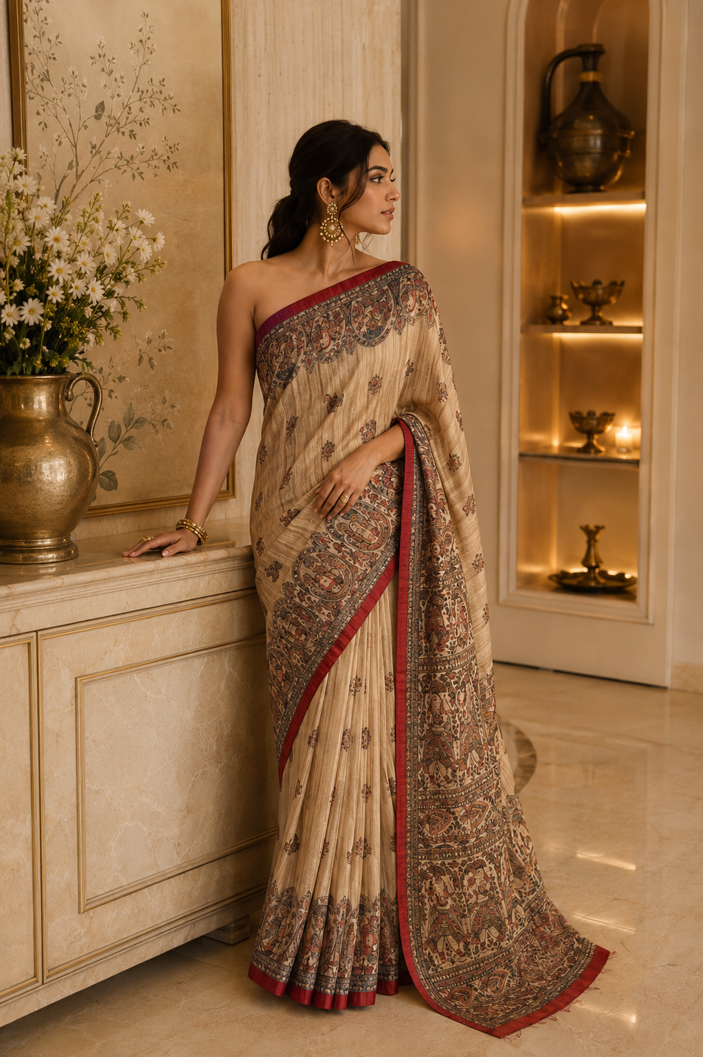 Tusser Giccha Madhubani Print Saree