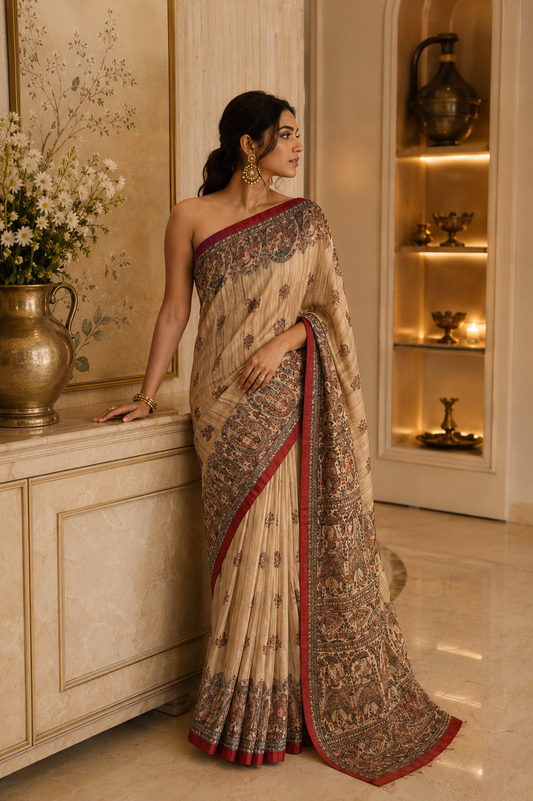 Tusser Giccha Madhubani Print Saree