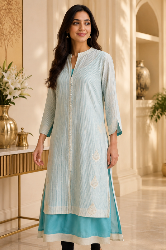 Beige Chanderi Long Readymade Kurta + Sea Green Slip