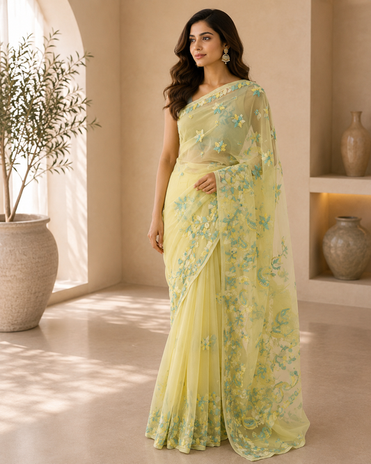 Lemon with Turquoise Chikankari Saree