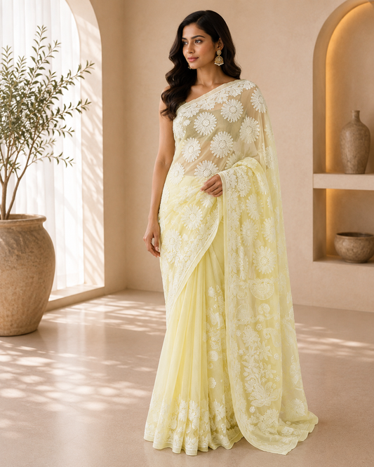 Lemon with Chikankari Saree 02