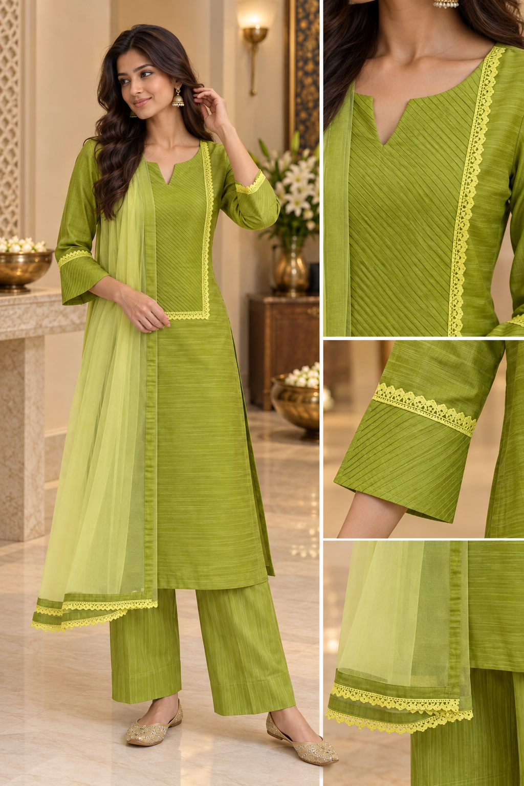 Olive Green Embroidered Readymade Set