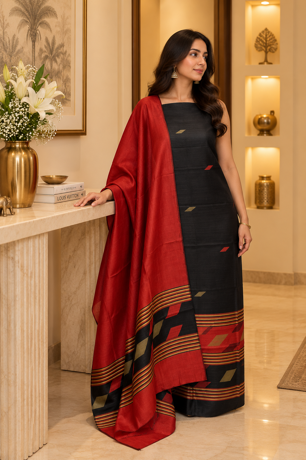 Dupion Silk Red Black KD