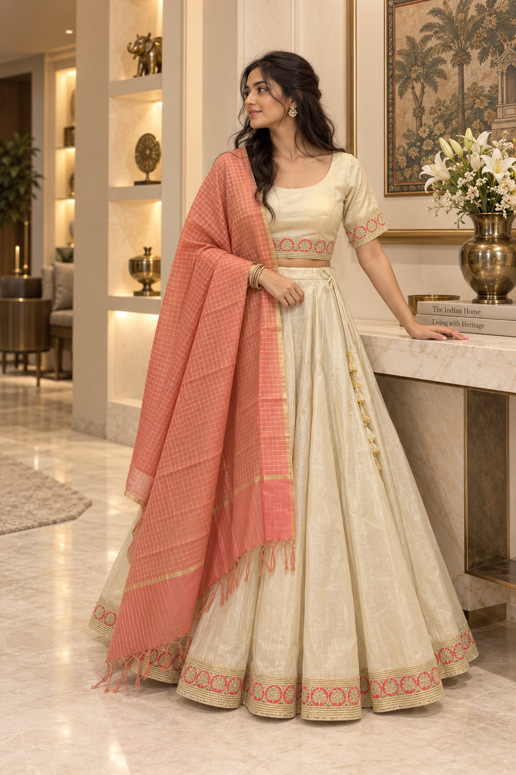 Beige Tissue Chanderi Lehenga set