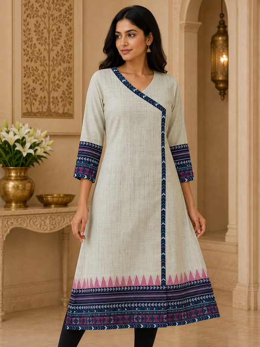 Beige Cotton Blue Angarakha Readymade Kurta