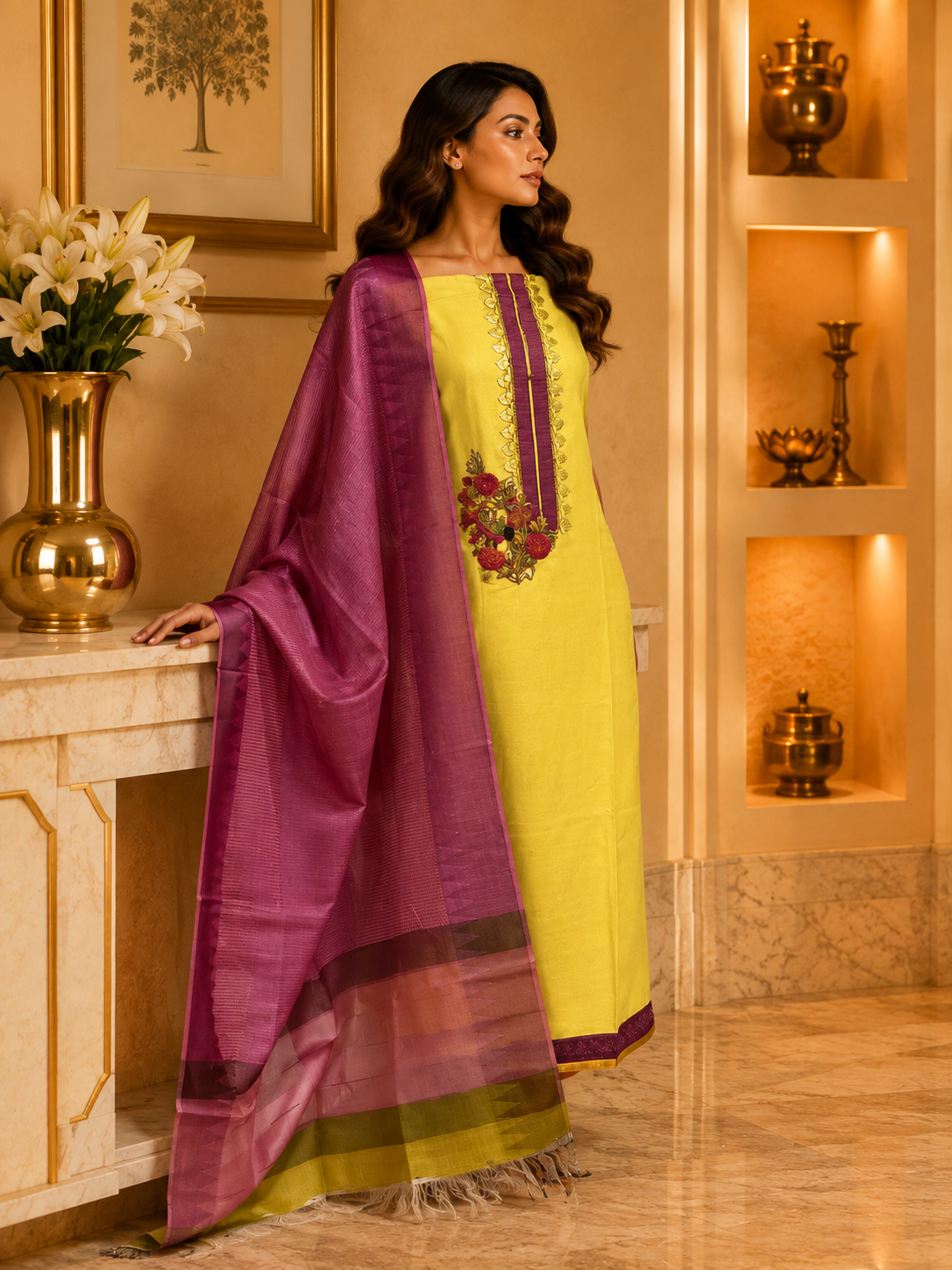 Yellow Silk Linen with Handwork KD