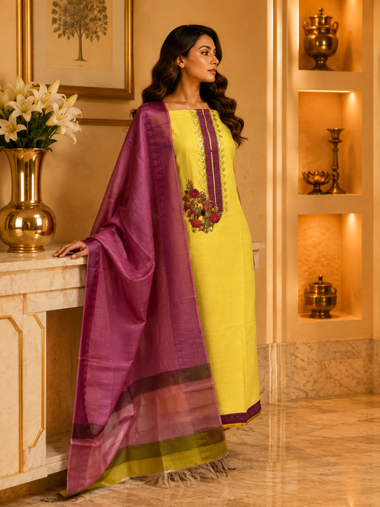 Yellow Silk Linen with Handwork KD