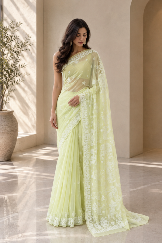 Lemon Yellow Chikankari Saree 01
