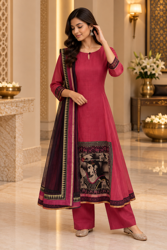 Pink Chanderi Cotton Silk A-Line Readymade Set