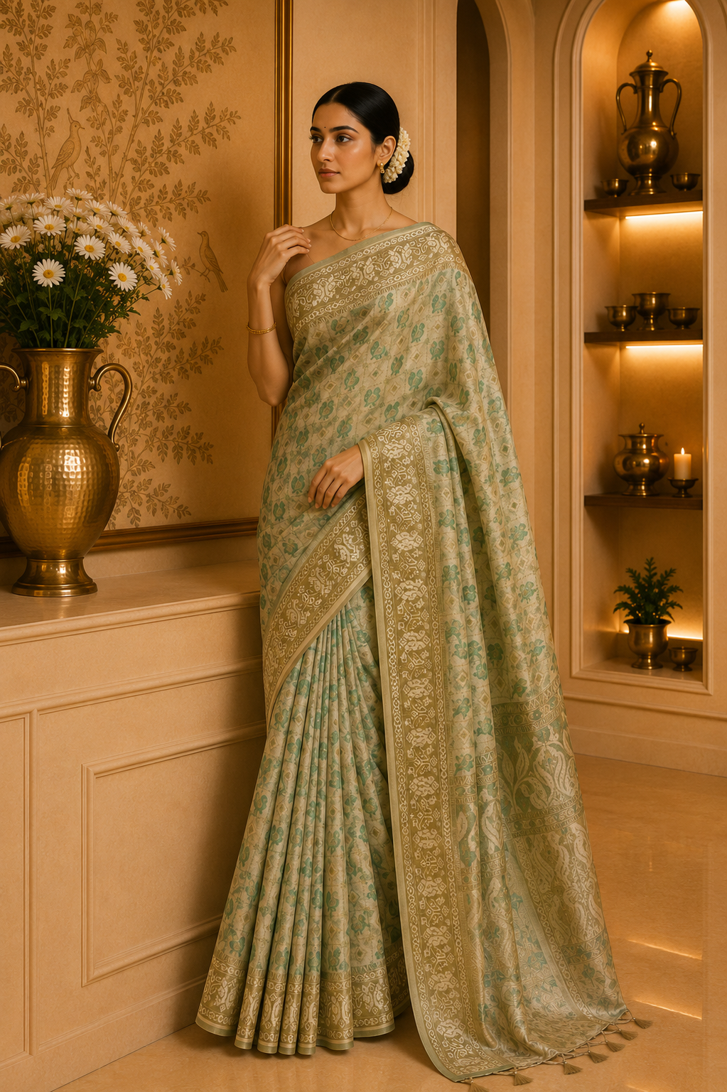 Beige n  Green Semi Patola Silk Saree