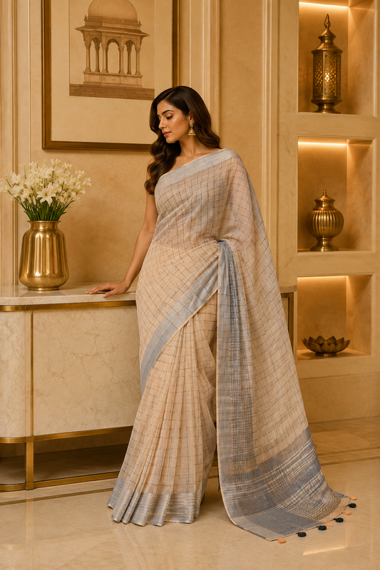 Peach Check  with Grey Linen Saree