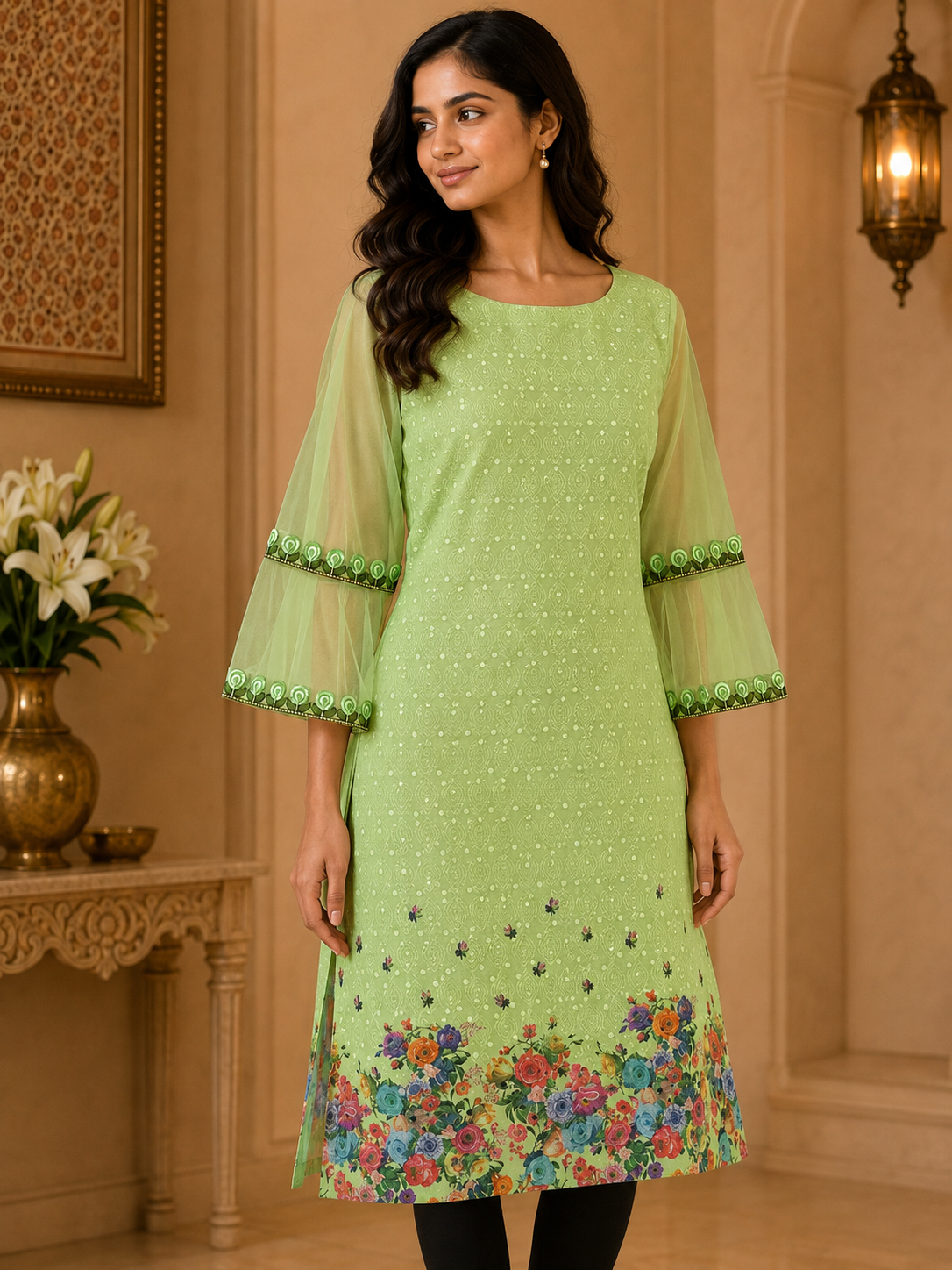 Green Hakoba kurta Net Umbrella sleeves