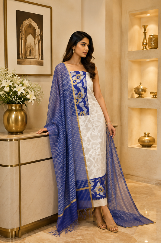 White Jamdani Blue Dupatta KD