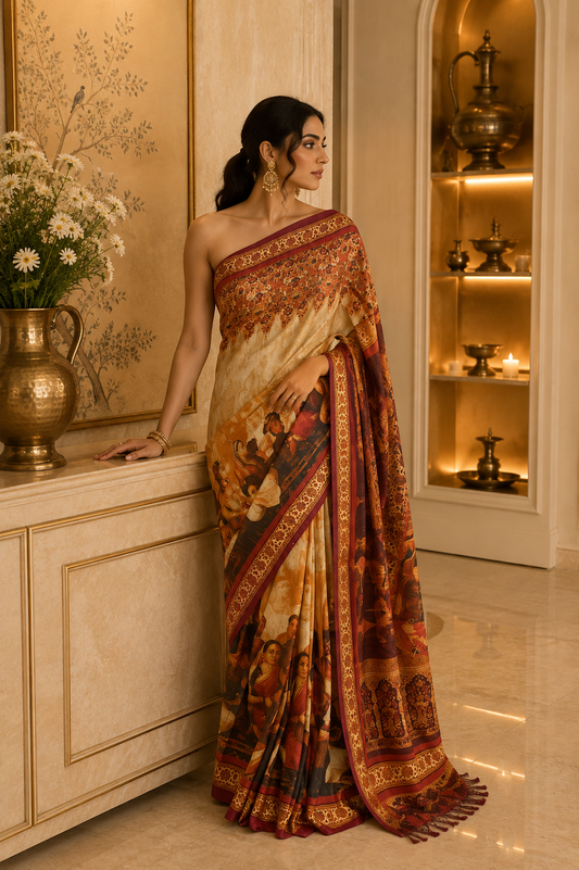 Tusser Giccha Screen Print Saree