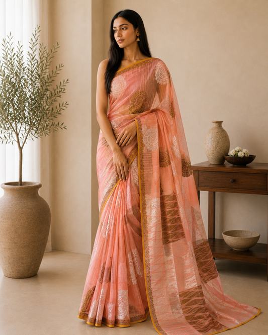 Peach Benaras Cotton Silk Saree