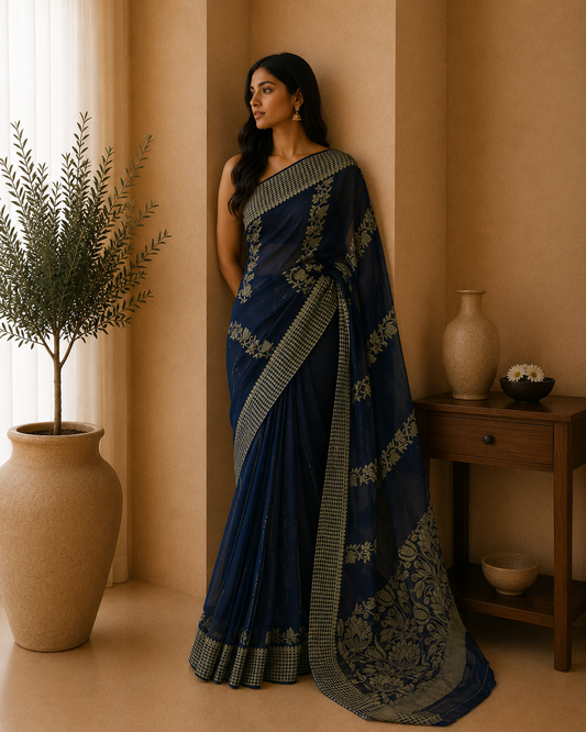 The Midnight Majesty: Navy Blue Khaddi Georgette Saree