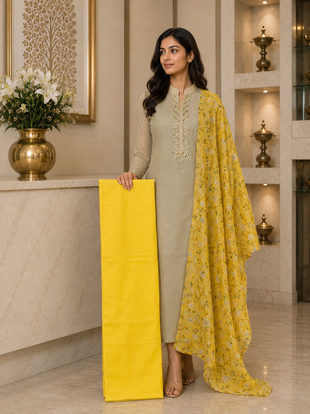 Grey And Yellow Cotton Silk Handwork DM