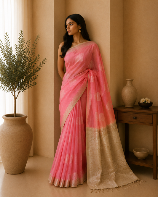 The Coral Mist and Olive: Kora Organza Benaras Saree