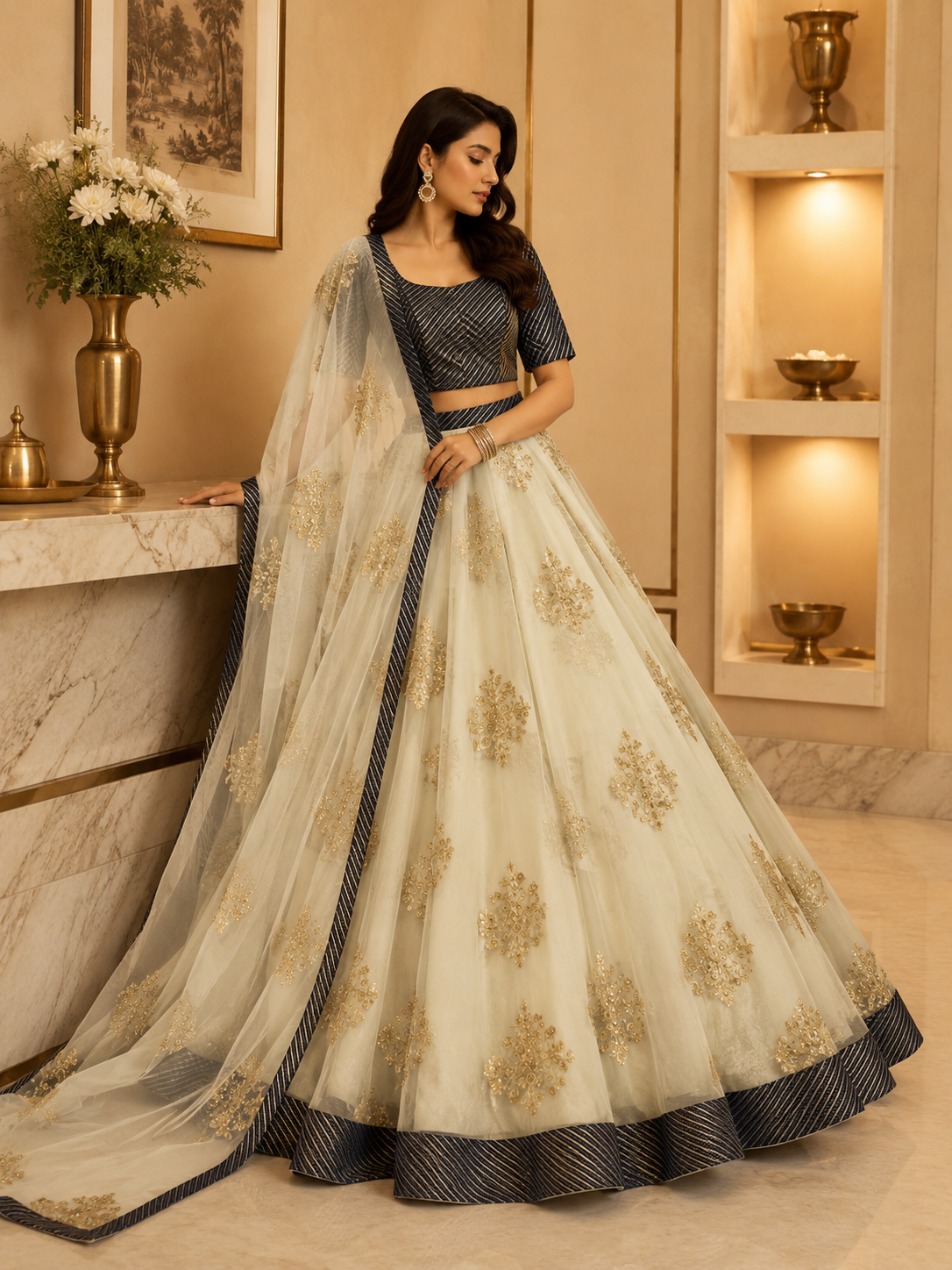 Beige embroidered net Lehenga set