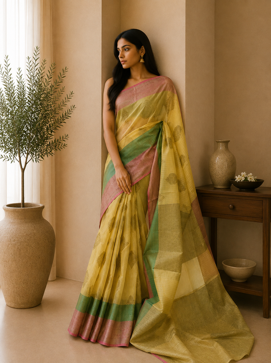 The Pastel Promenade: Lemon Kora Benaras Cotton Silk Saree