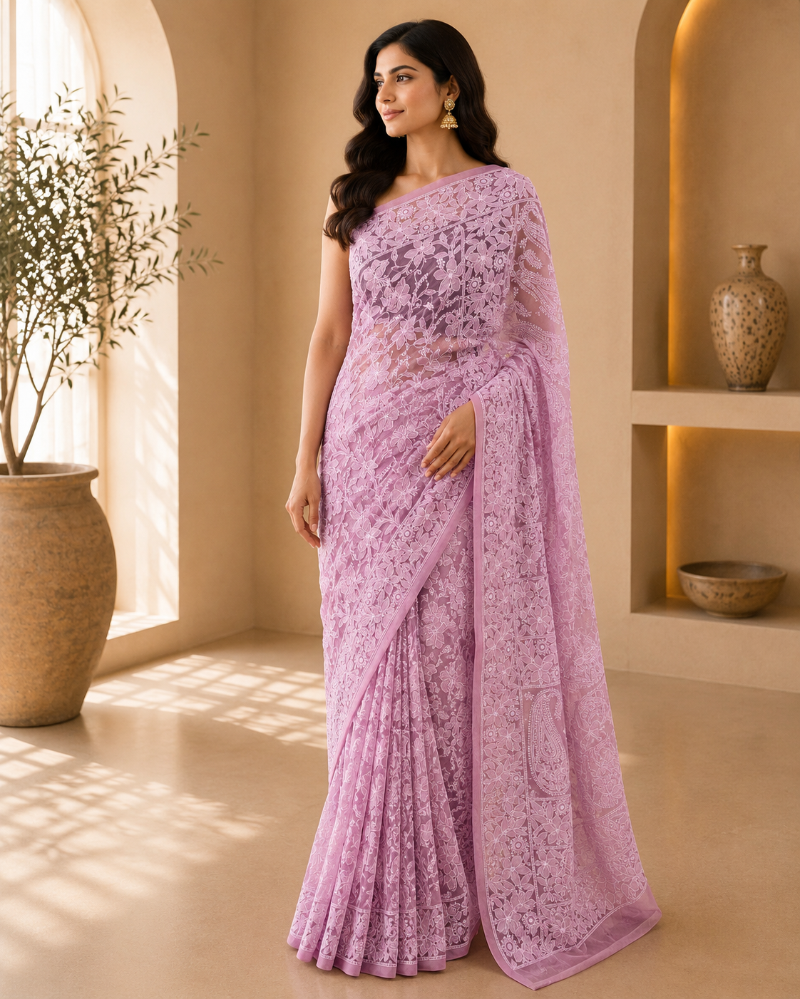 Pink Chikankari Saree