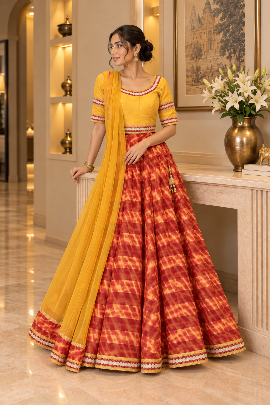 Red and Yellow Shibhori Lehenga Set
