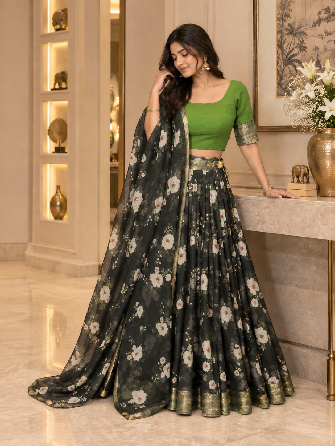 Organza Floral Black Green Lehenga Set