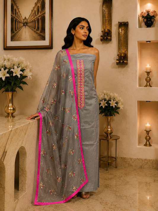 Grey Chanderi with Emb Organza KD