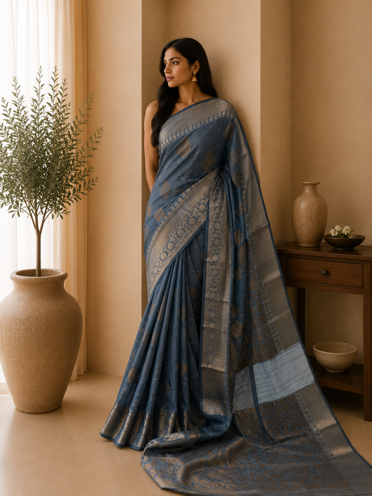 Grey Broad Border Benaras Saree