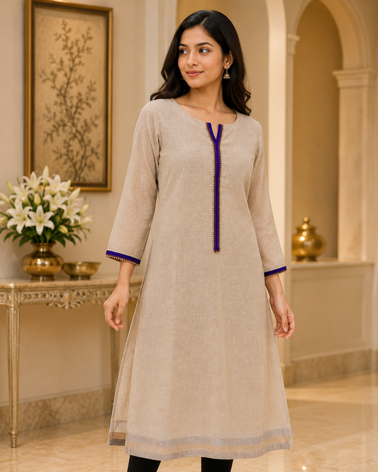 Peach linen Readymade Long kurta Blue lace