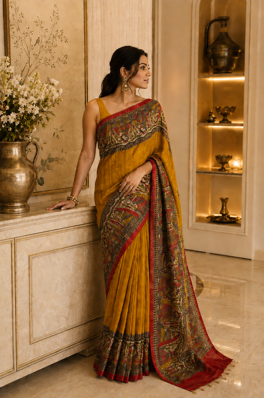 Tusser Giccha Madhubani Print Saree