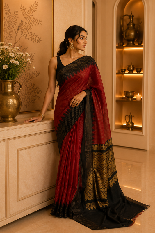 The Heritage weft – Pure Gadwal Silk in Crimson and Obsidian