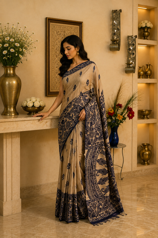Tusser Giccha Madhubani Print Saree