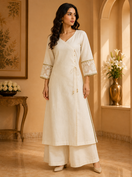 Beige Mul anghrakha Straight Kurta Palazzo Set