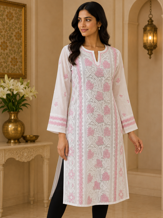 White & Pink Chikankari Kurta