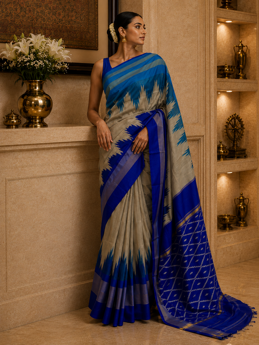Single Ikkat Blue Pure Silk Saree