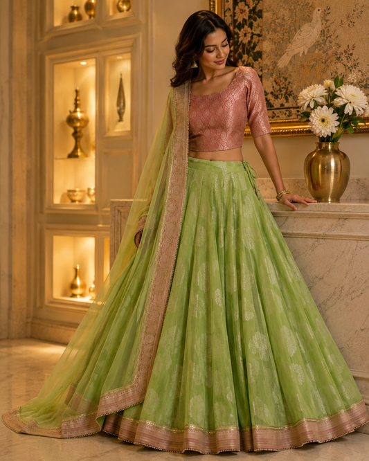 Pink and Green Benaras Brocade Lehenga set