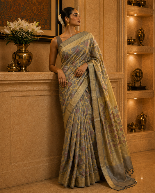 Grey Kora Cotton Saree