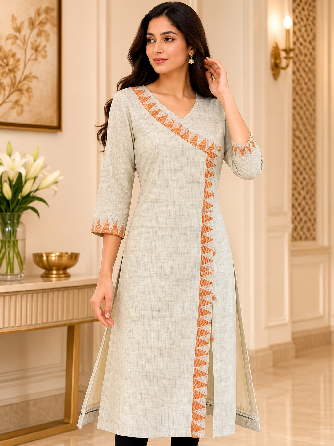 Beige Readymade Long Angarakha Kurta with Orange Potli