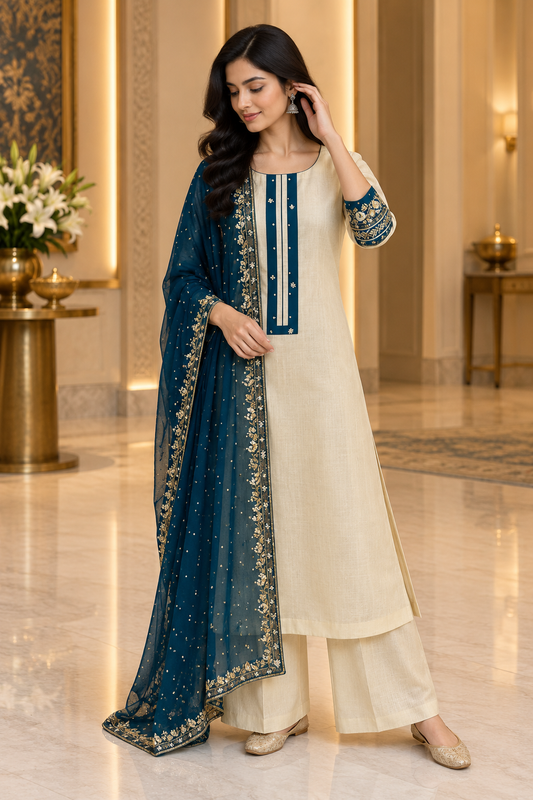 Beige Chanderi Cotton Silk kurta & Turq Dupatta