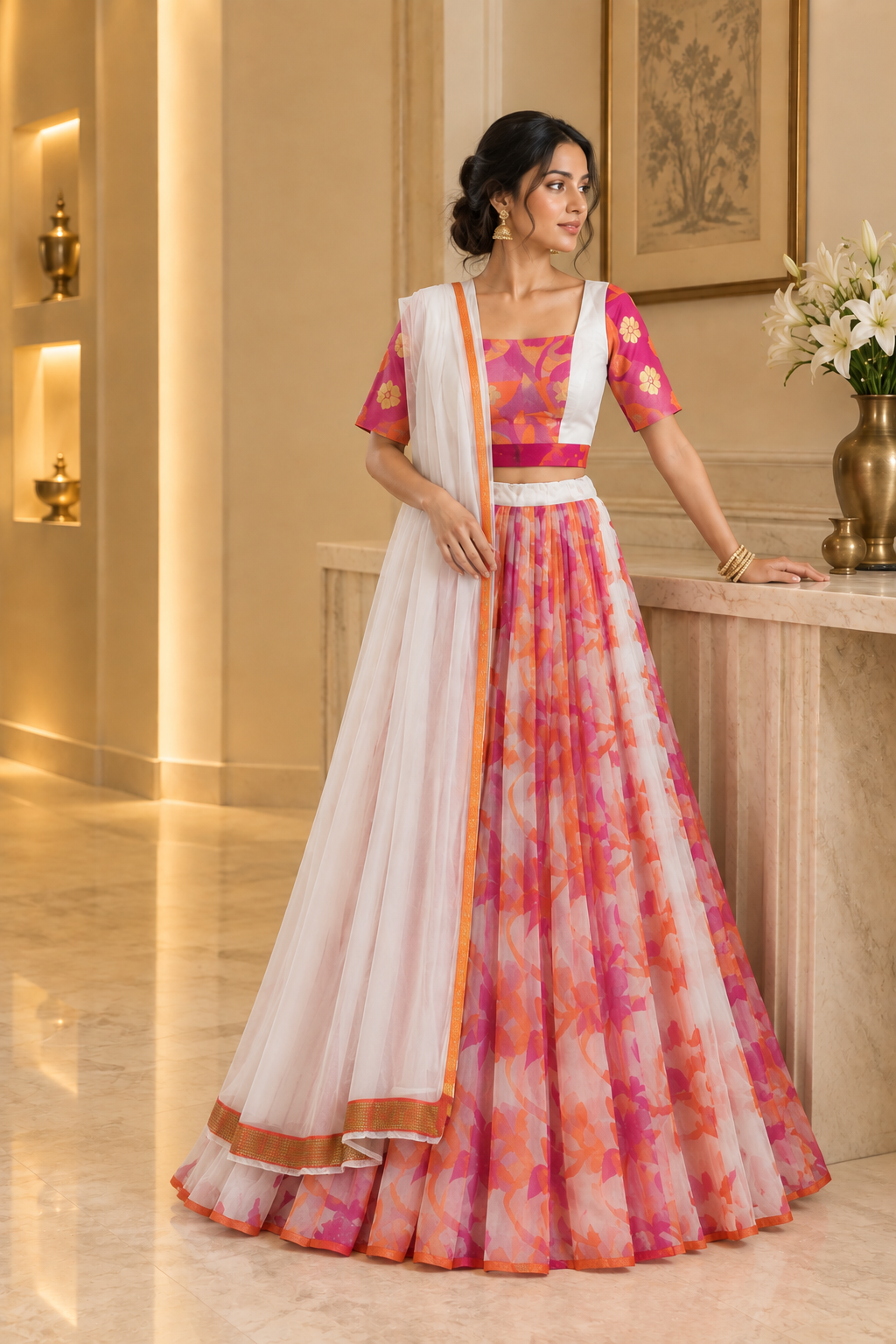 White cotton Jaamdani Pleated Lehenga set