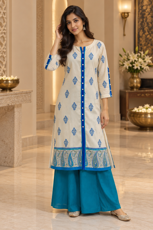 Beige Blue Block print kurta + palazzo