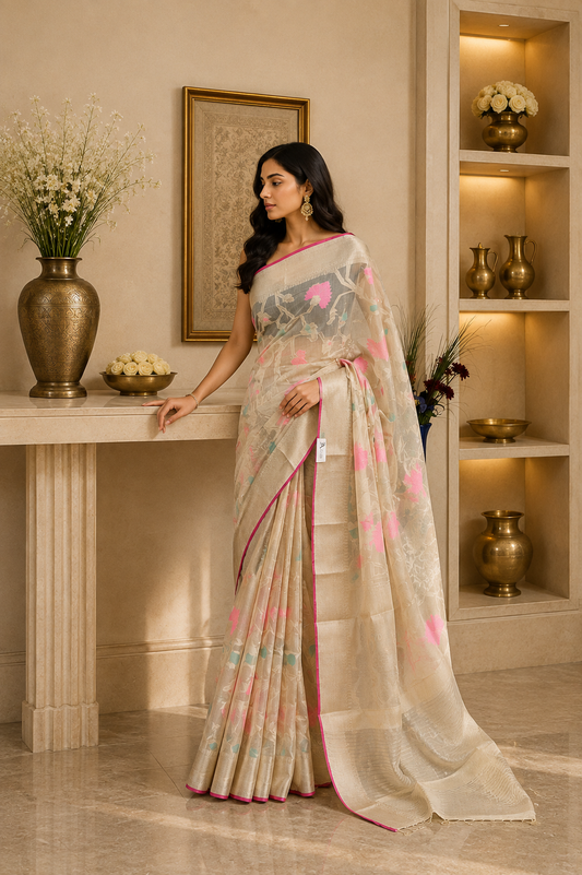Beige Benaras Kora Organza Saree
