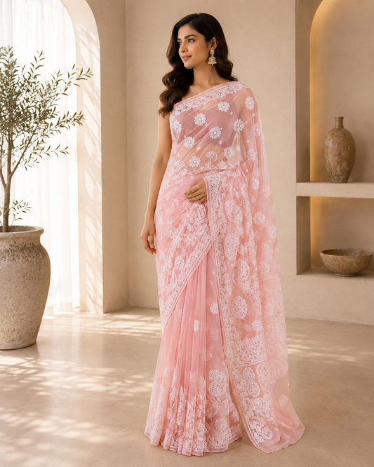 Salmon Chikankari Saree
