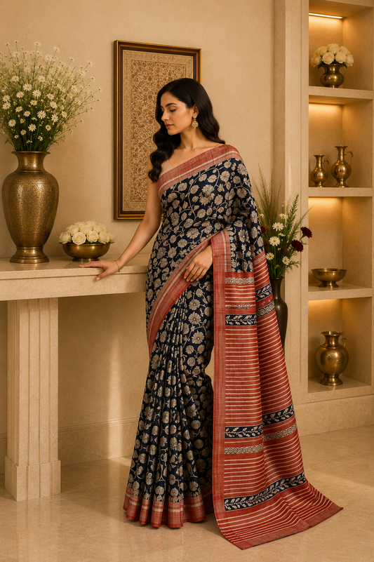 Tusser Giccha Block Print Saree
