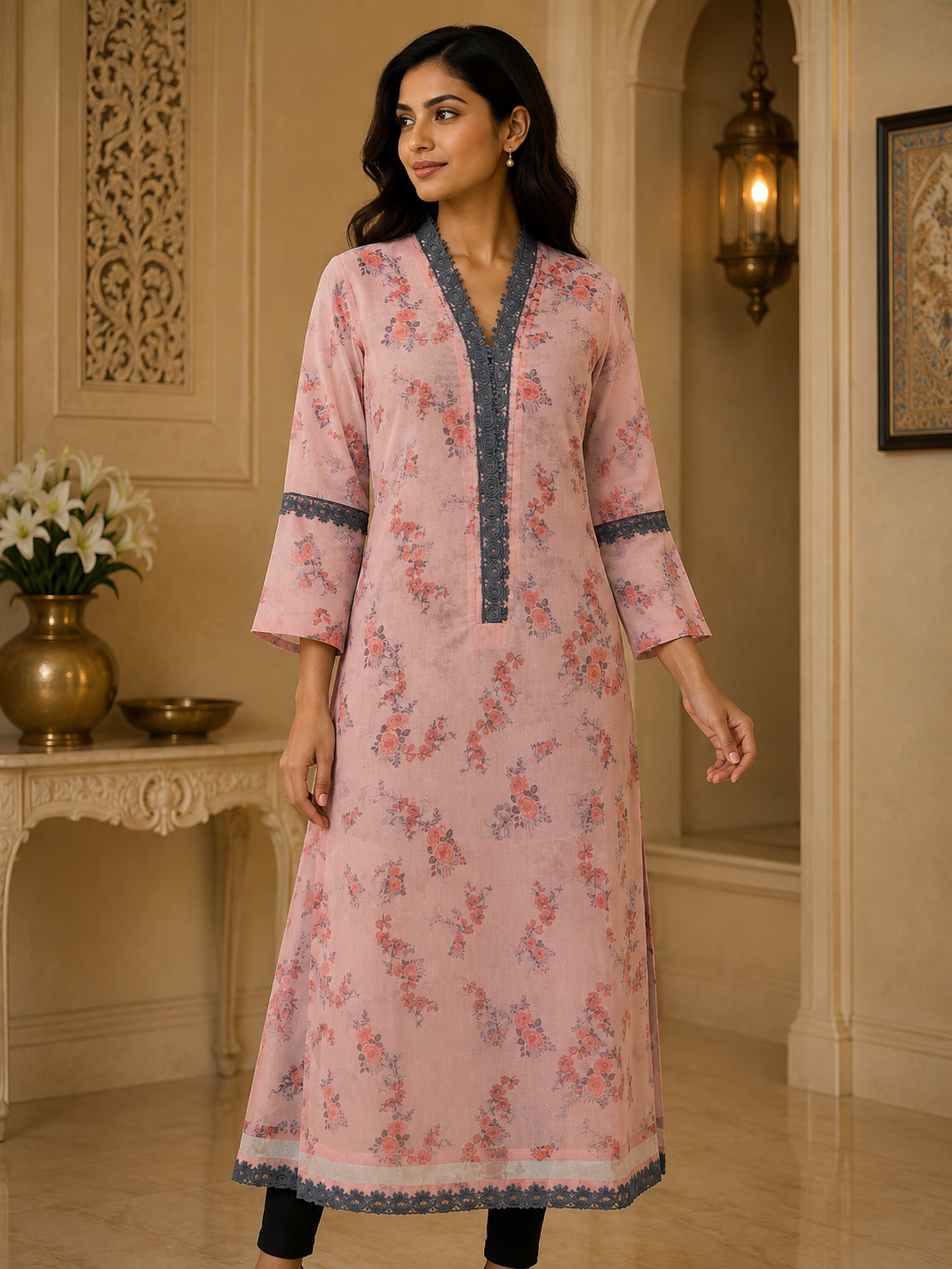Coral Floral Organza Readymade Kurta